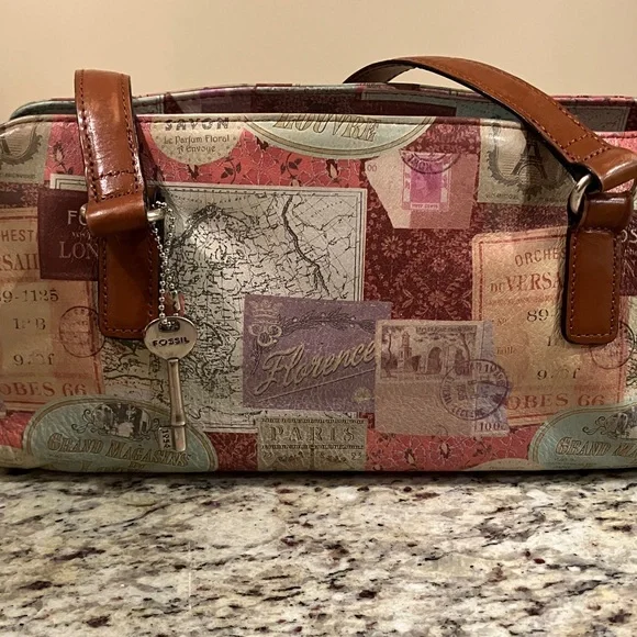 Fossil Vintage Travel Print Satchel Shoulder Bag Brown Leather Handles Cream - Picture 4 of 16